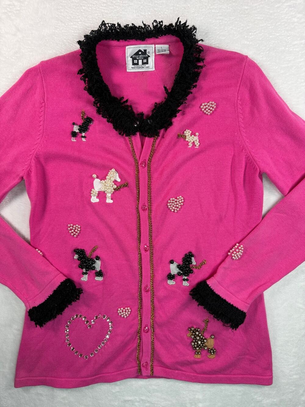Vintage Storybook Knits Embroidered Poodle Heart Cardigan Women's Pink Sweater